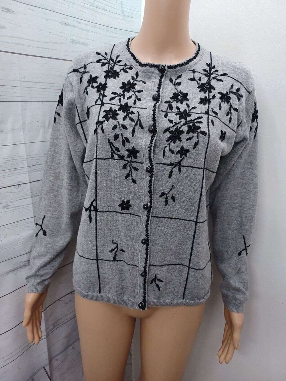 Vtg Arriviste Cardigan Sweater Women's M Beaded Embroidered Gray Black